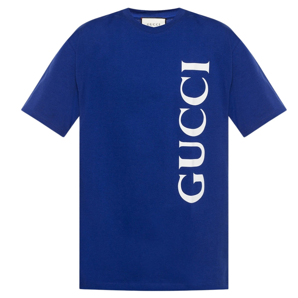 Gucci Large Vertical Brand Logo Regular Fit Blue T-Shirt S