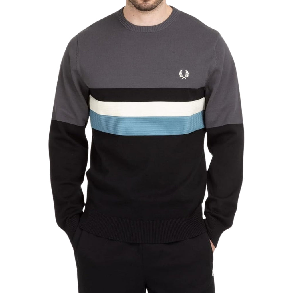 FRED PERRY FRED PERRY K3529 G85 GUNMETAL FRED PERRY K3529 COLOURBLOCK CREW NECK JUMPER MENS S