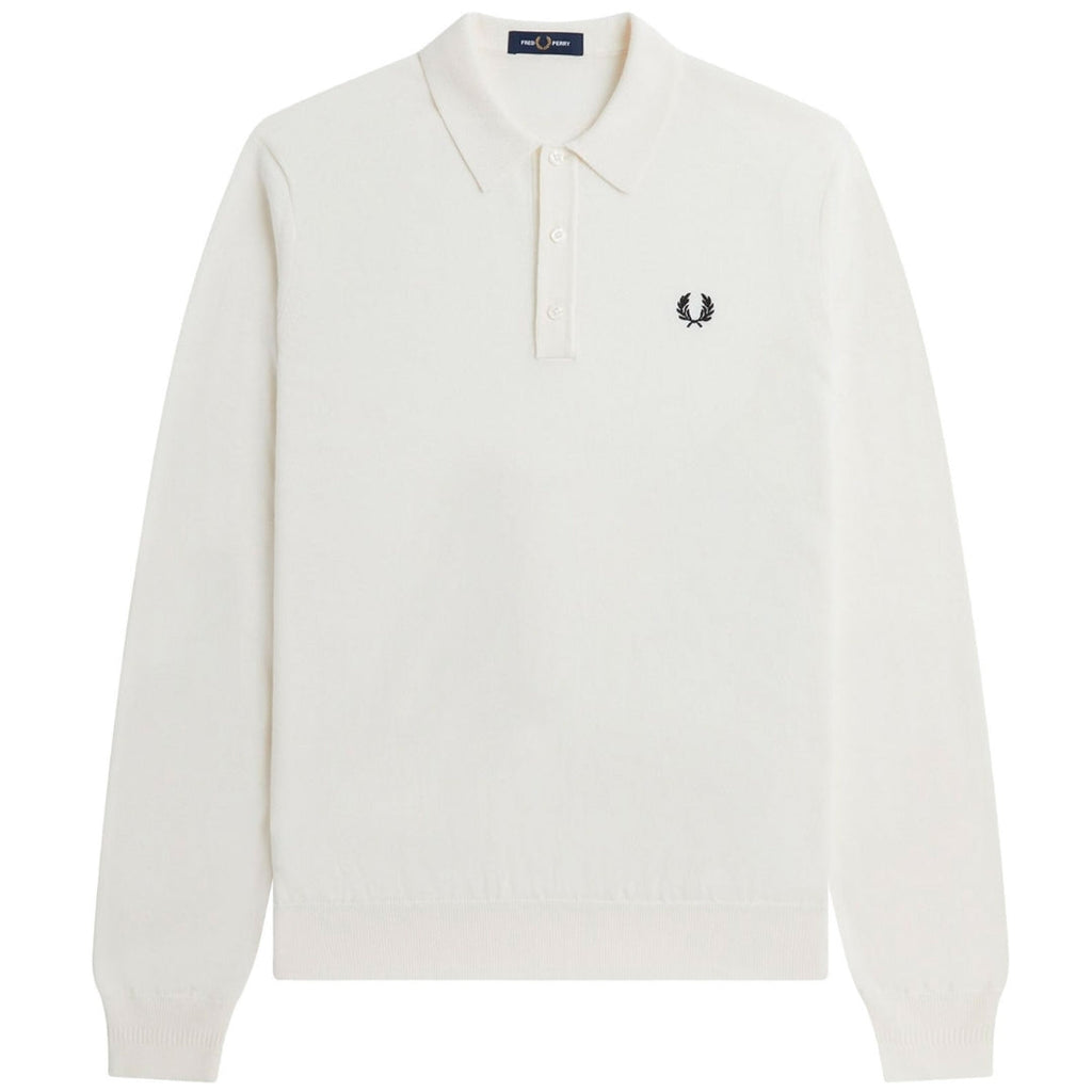 Fred Perry Plain White Long Sleeve Knitted Polo Shirt XS