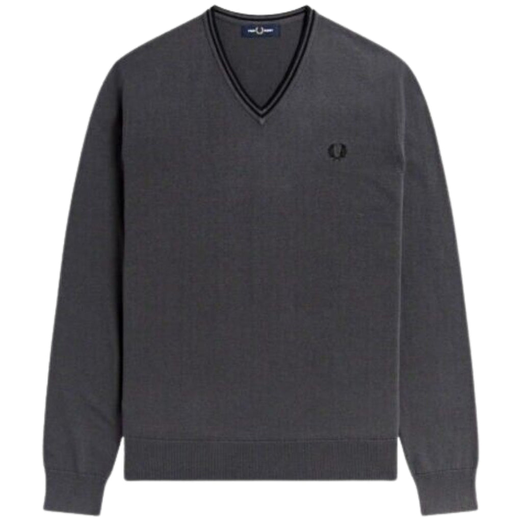 Fred Perry Black Twin Tipped V-Neck Gunmetal Grey Jumper S