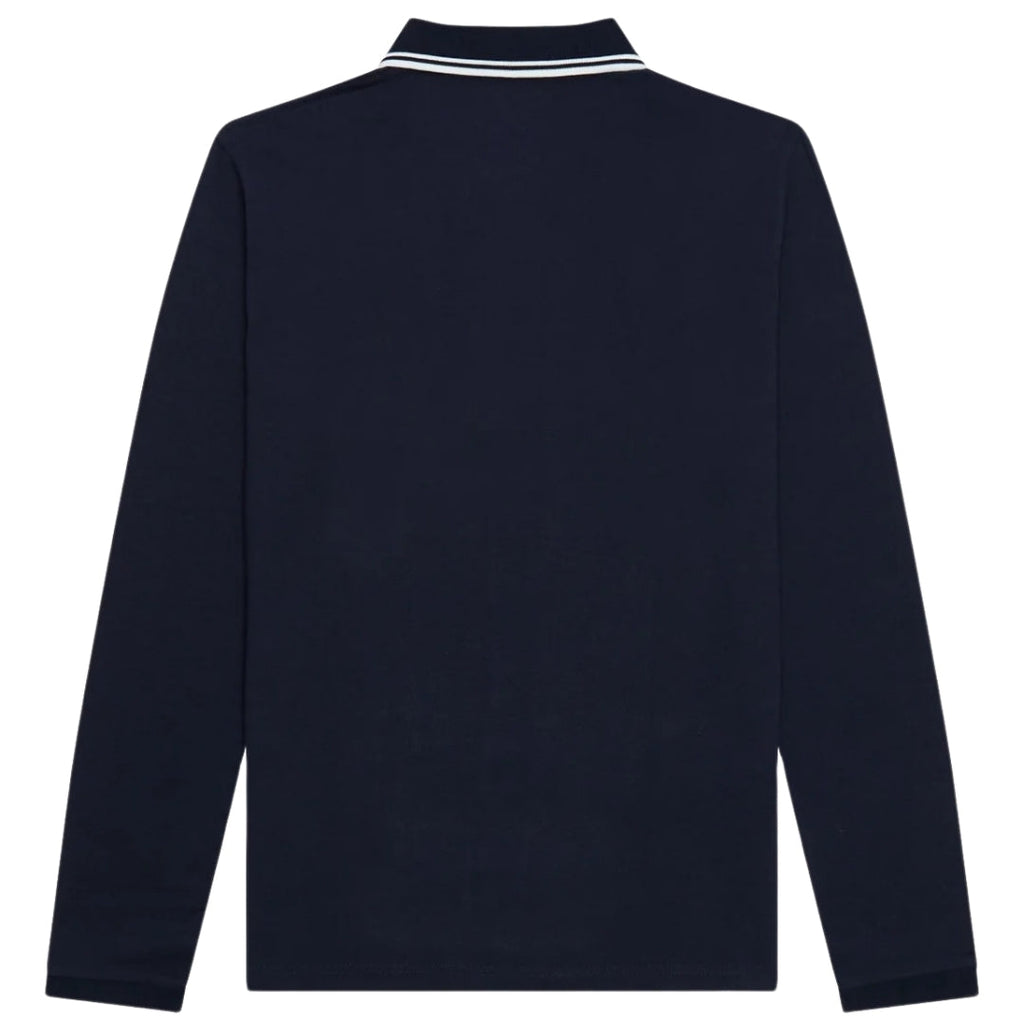 Fred Perry White Twin Tipped Collar Navy Blue Long Sleeve Polo Shirt S