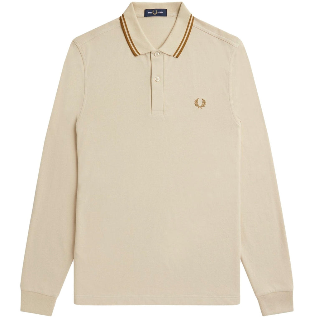 FRED PERRY M3636 691 OATMEAL LS TWIN TIPPED POLO SHIRT S