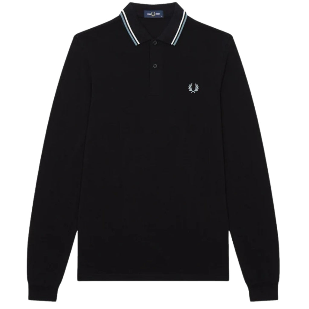 Fred Perry Sky Blue Twin Tipped Collar Black Long Sleeve Polo Shirt S