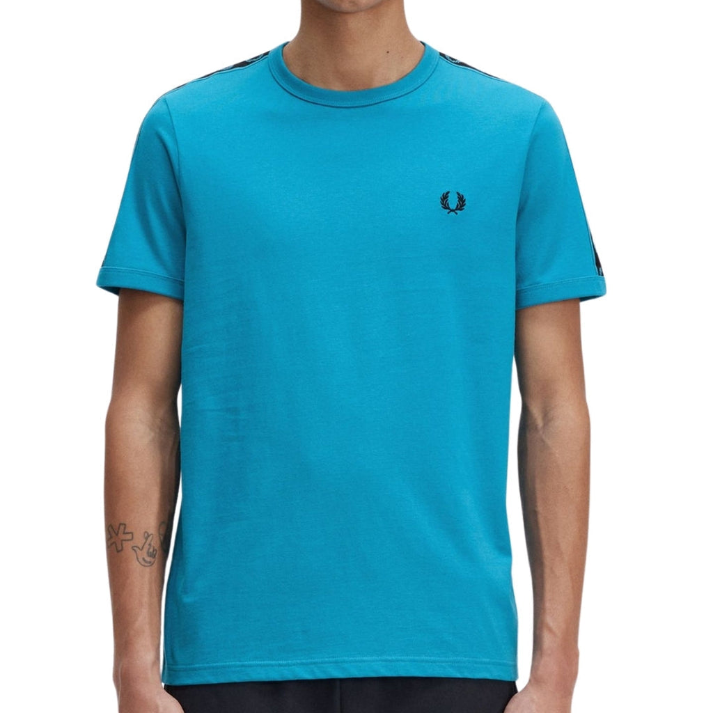 FRED PERRY M4613 S74 S74 CYBER BLUE/BLACK CONTRAST TAPE RINGER T-SHIRT MEN M