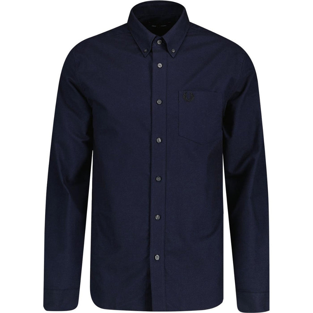 Fred Perry Branded Pocket French Navy Blue Long Sleeve Oxford Shirt XS