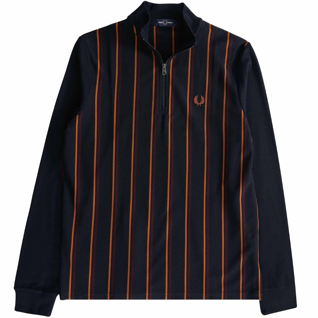 Fred Perry Long Sleeve Striped Panel Pique Zip Navy Blue Polo Shirt XS