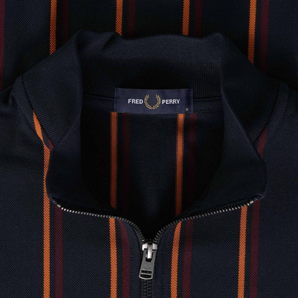 Fred Perry Long Sleeve Striped Panel Pique Zip Navy Blue Polo Shirt XS