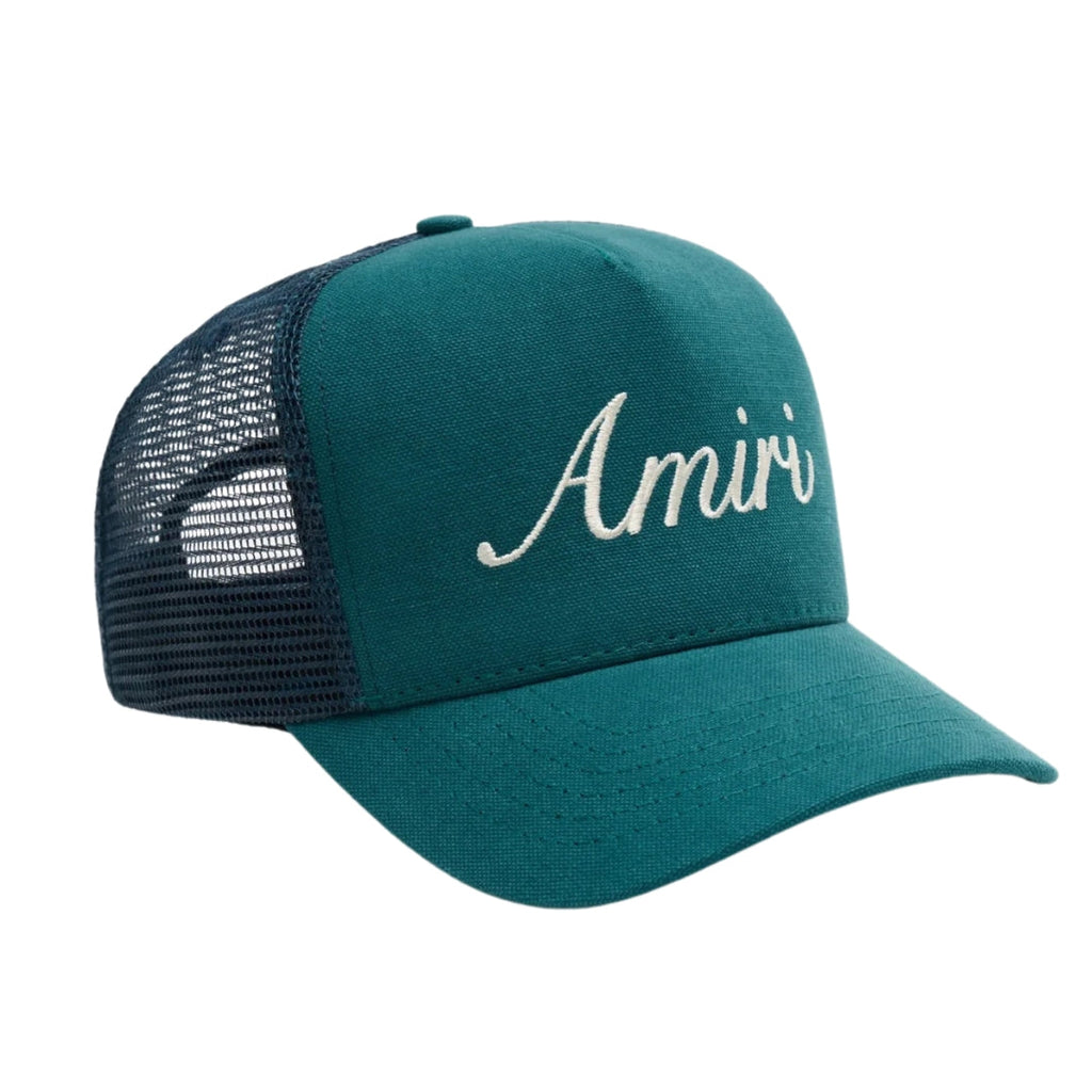 Amiri Script Logo Teal Blue Trucker Hat One Size