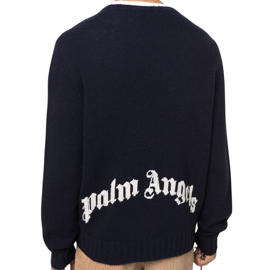 Palm Angels Curved Logo Navy Blue Knitted Jumper S