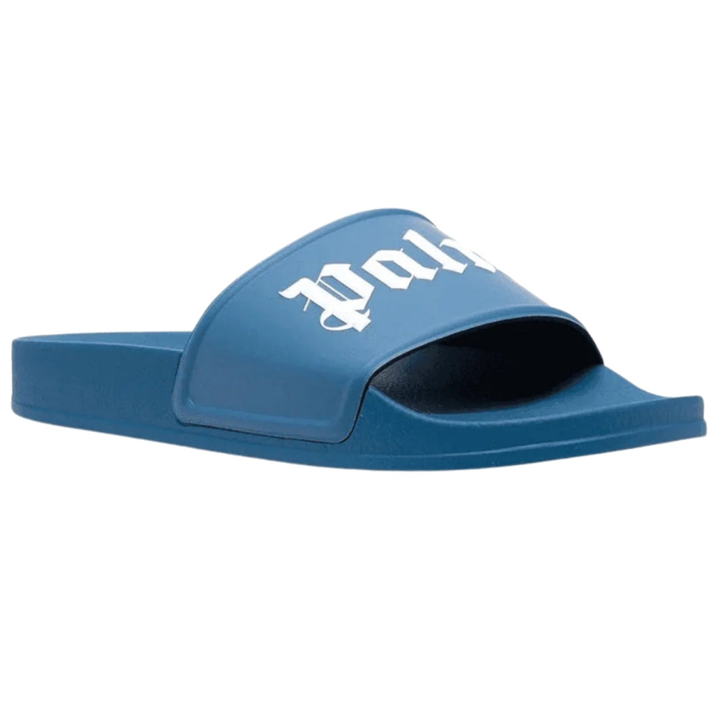 Palm Angels Gothic Print Blue Pool Slides EU 39