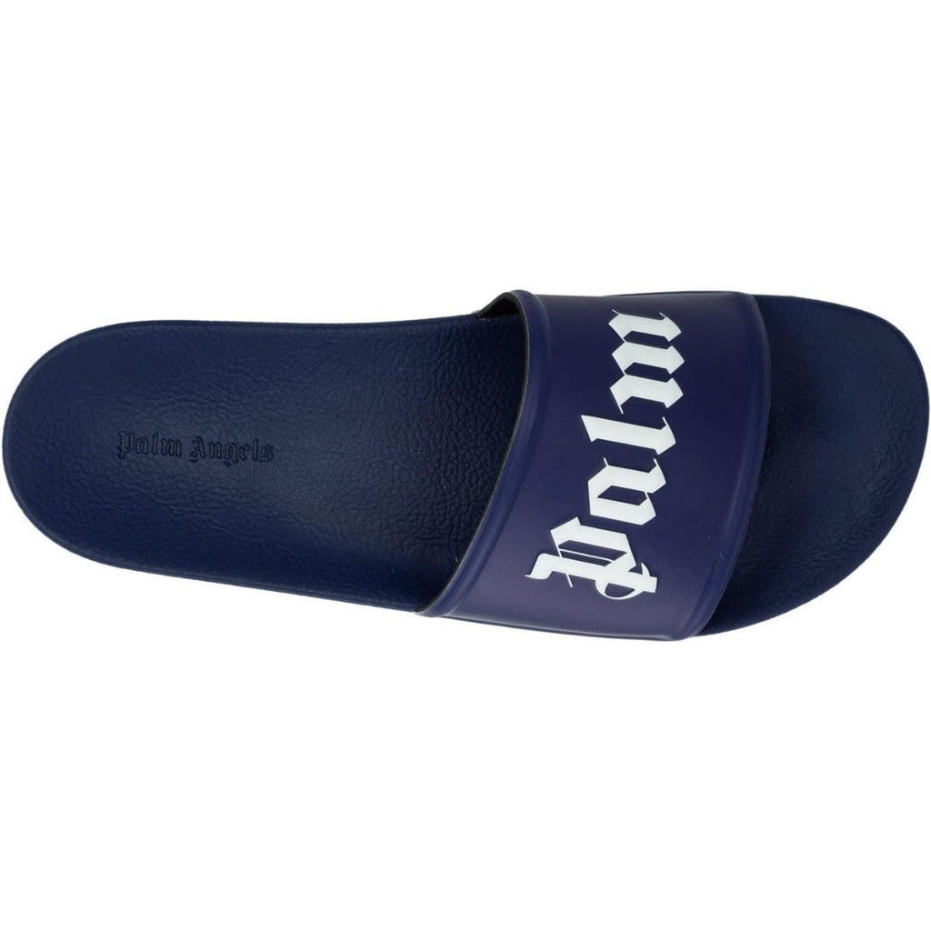 Palm Angels Gothic Print Navy Blue Pool Slides