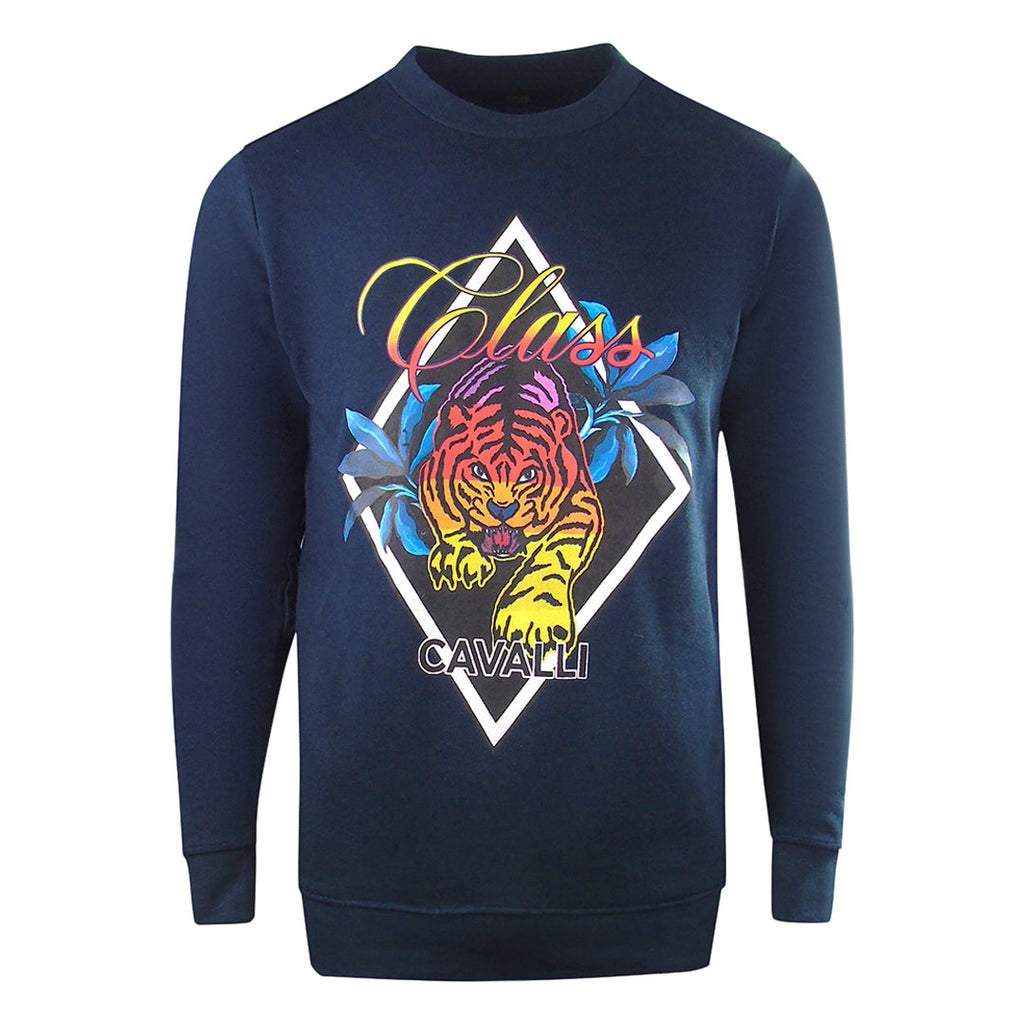 Cavalli Class Diamond Tiger Design Navy Blue Sweatshirt - Style Centre Wholesale