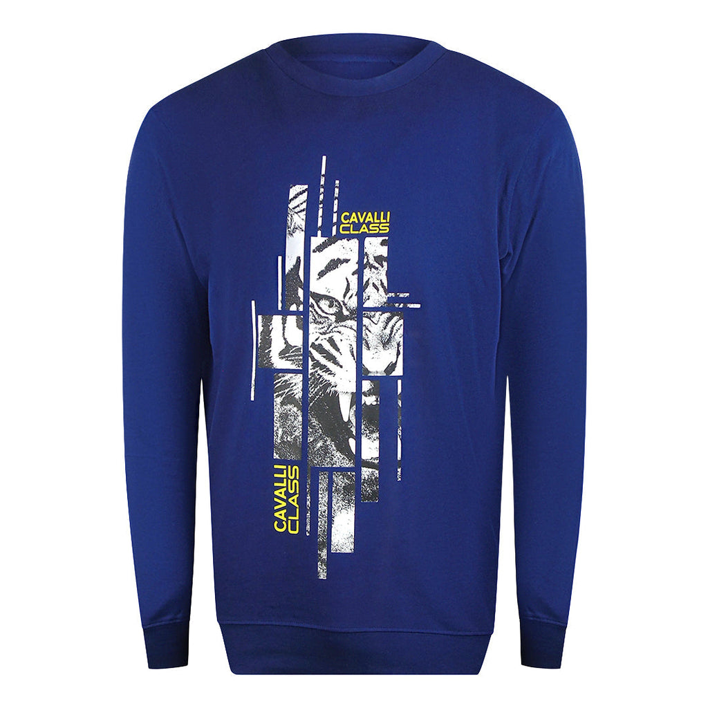 Cavalli Class Txt66E Cf050 04551 Iris Blue Round Neck Sweatshirt Mens - Style Centre Wholesale