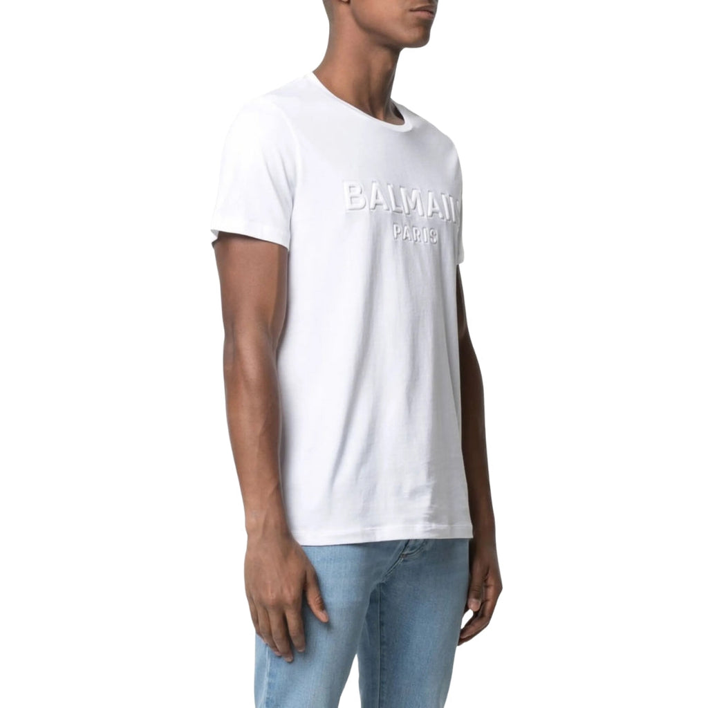BALMAIN YH1EF000BB20 Balmain Paris Embossed Logo White T-Shirt 0FA WHITE T-SHIRT MALE S