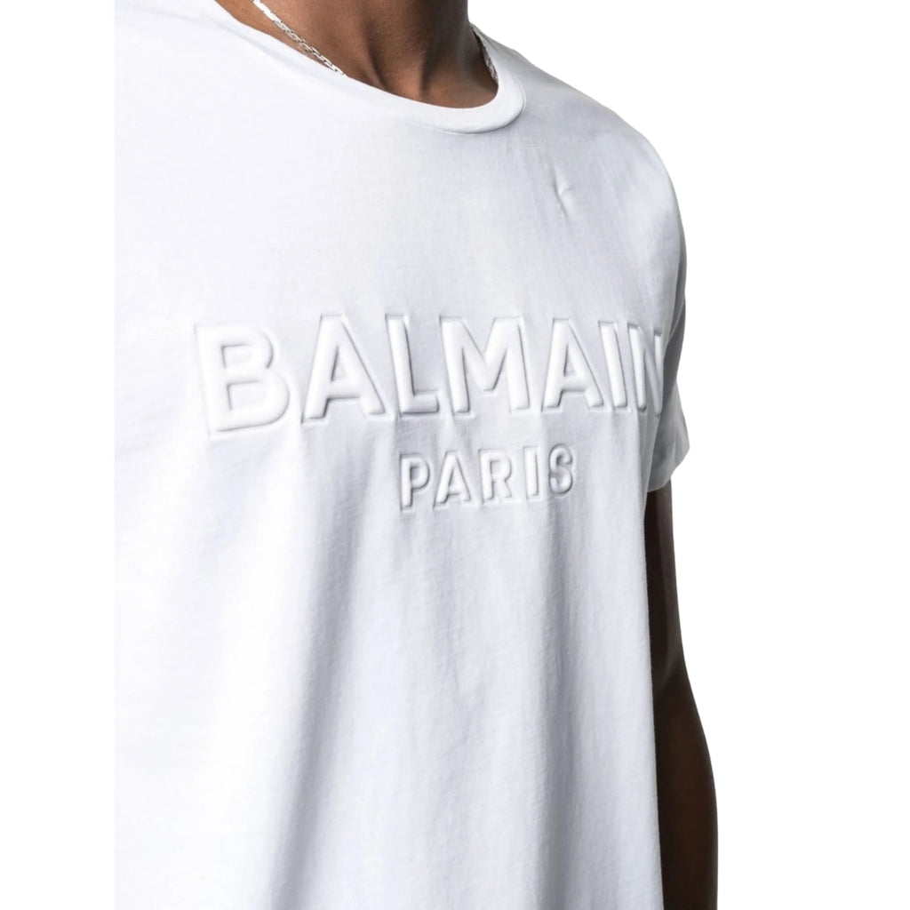 BALMAIN YH1EF000BB20 Balmain Paris Embossed Logo White T-Shirt 0FA WHITE T-SHIRT MALE S