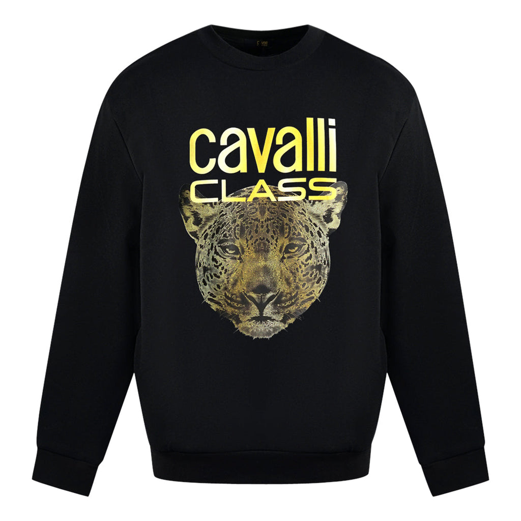 Cavalli Class Leopard Print Logo Black Jumper - Style Centre Wholesale
