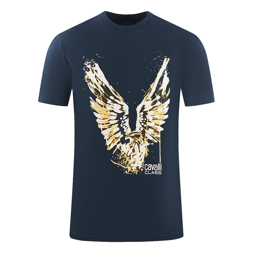 Cavalli Class Large Golden Eagle Logo Navy Blue T Shirt - Style Centre Wholesale